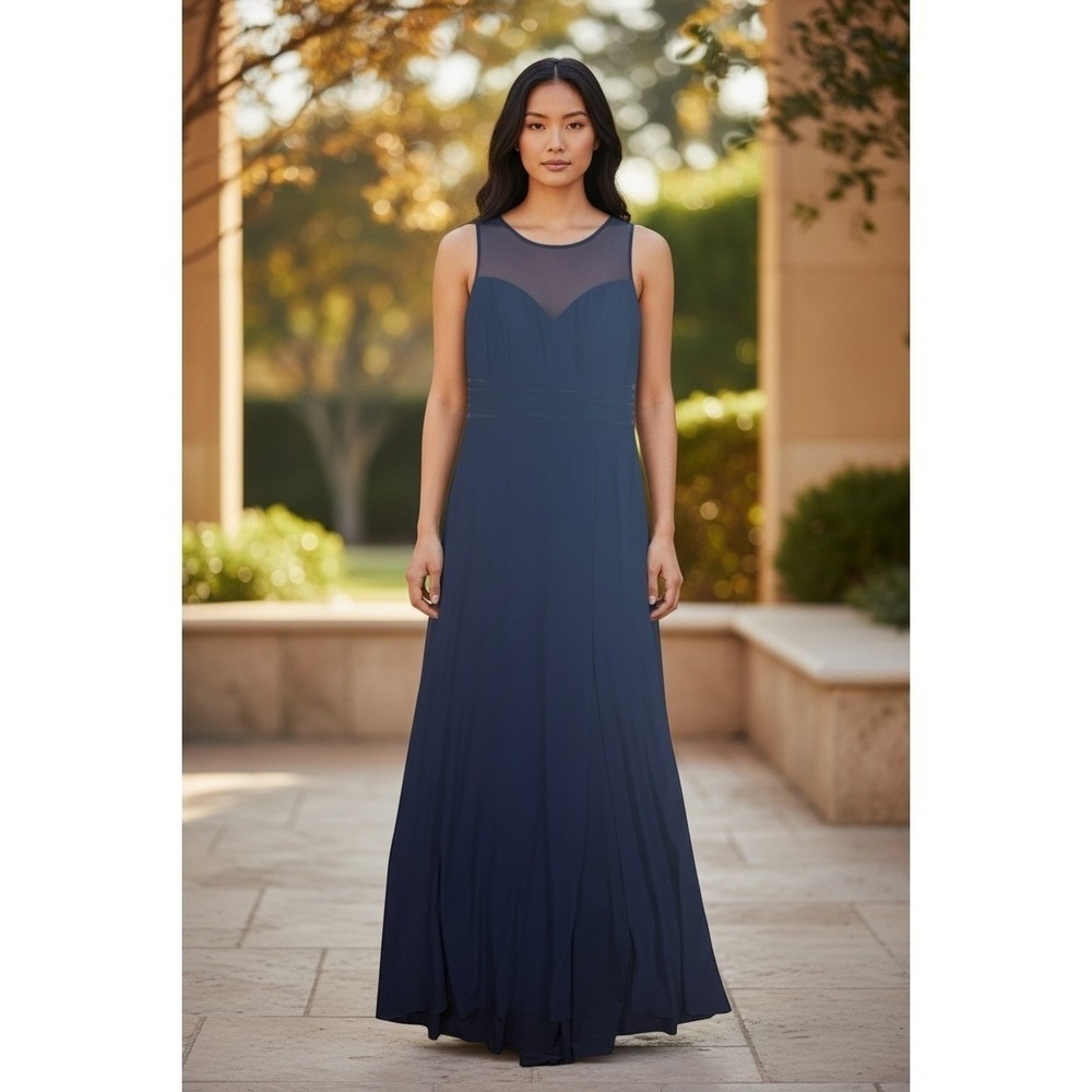 Nightway Navy Blue Illusion Mesh Neckline Sleeveless Formal Gown Dress Size 8